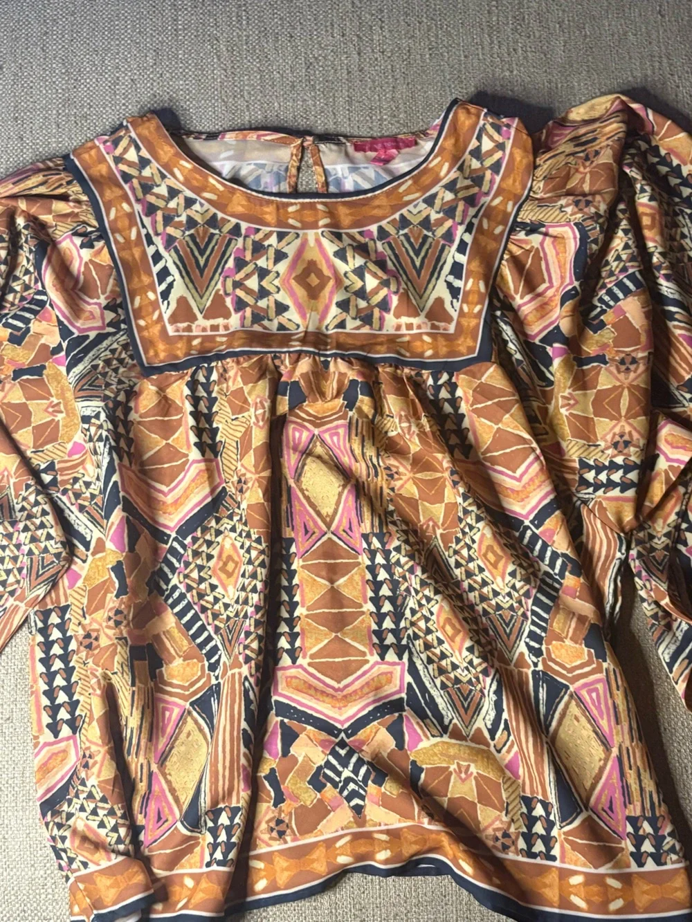Flying tomato Printed Puff-Sleeve Boho Blouse in Orange & Pink size large - Picture 13 of 14